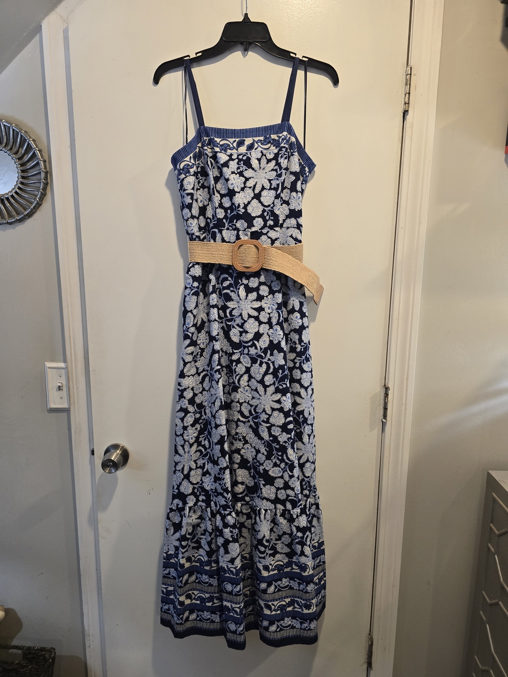 Taylor Navy and White Floral Maxi Dress with Woven Belt